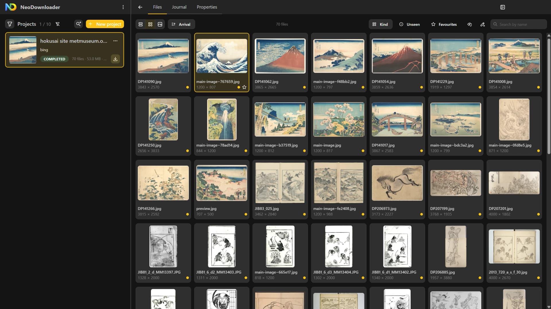 NeoDownloader after downloading an image search for Hokusai prints