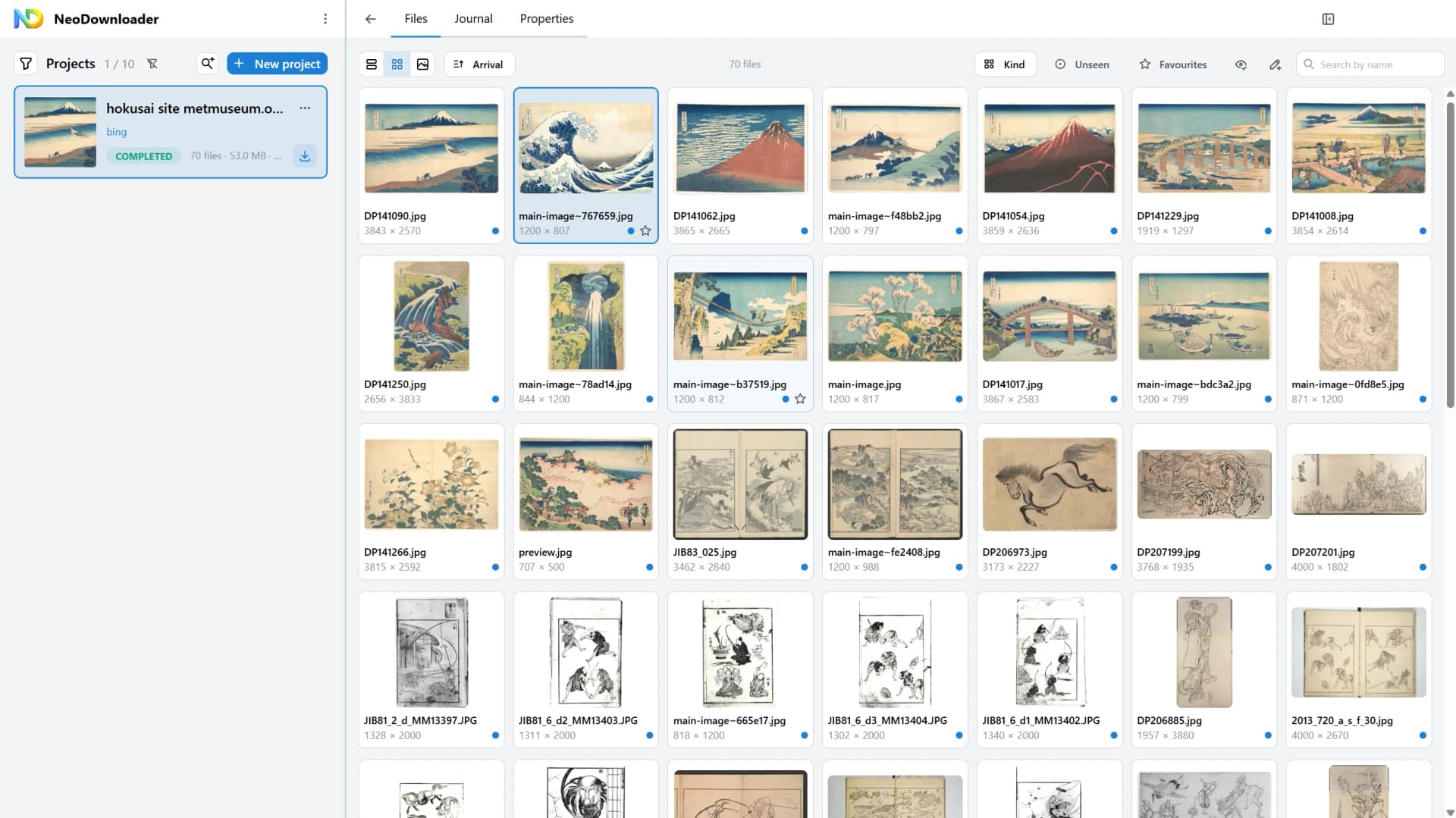 NeoDownloader after downloading an image search for Hokusai prints