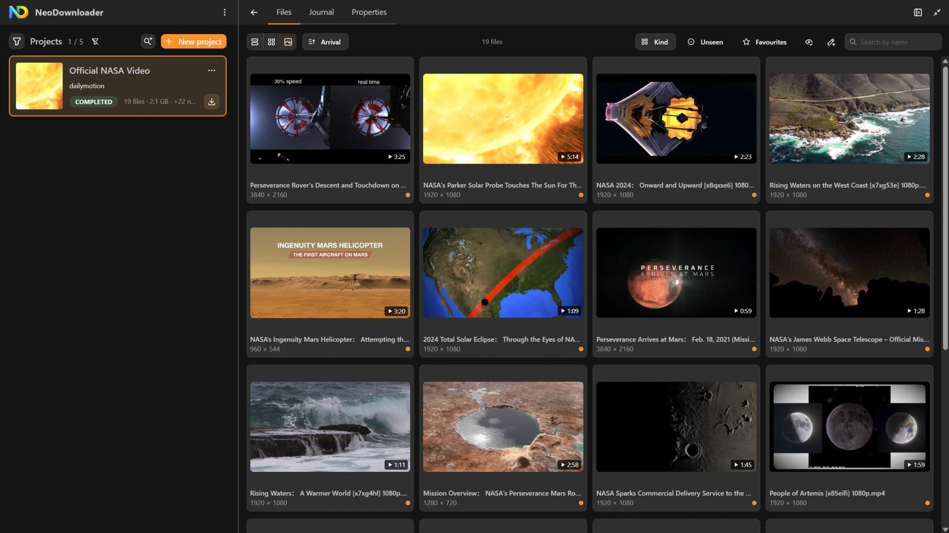 NeoDownloader nach dem Herunterladen von NASA-Videos von Dailymotion