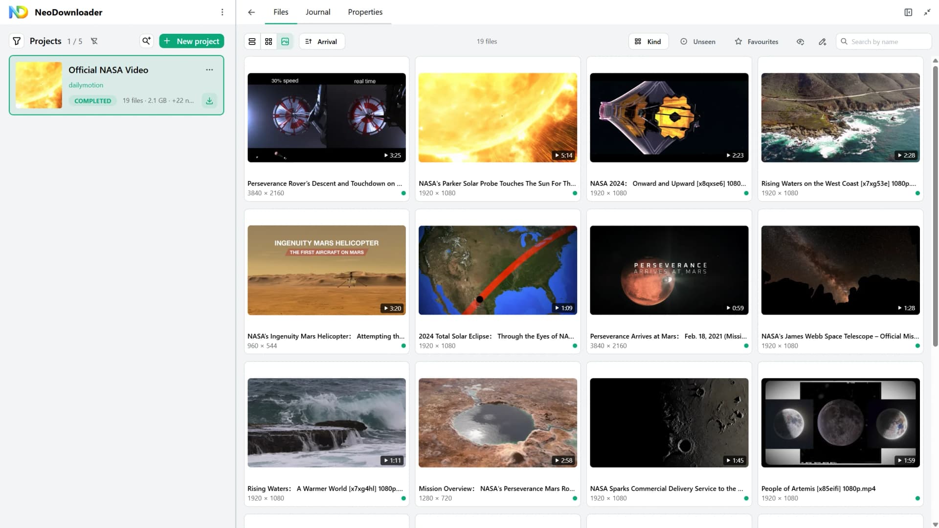 NeoDownloader nach dem Herunterladen von NASA-Videos von Dailymotion