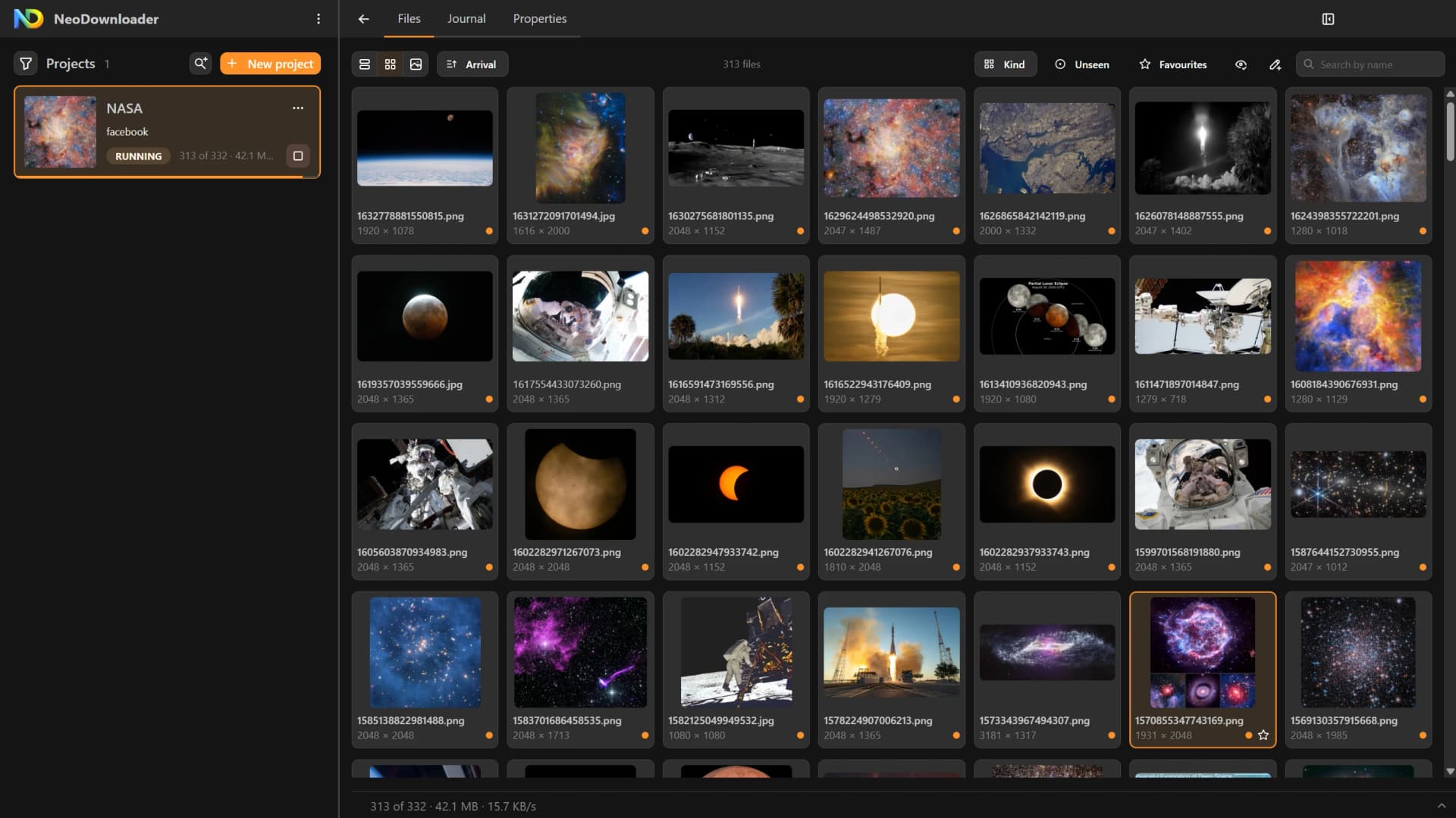 NeoDownloader after downloading NASA's photos from Facebook