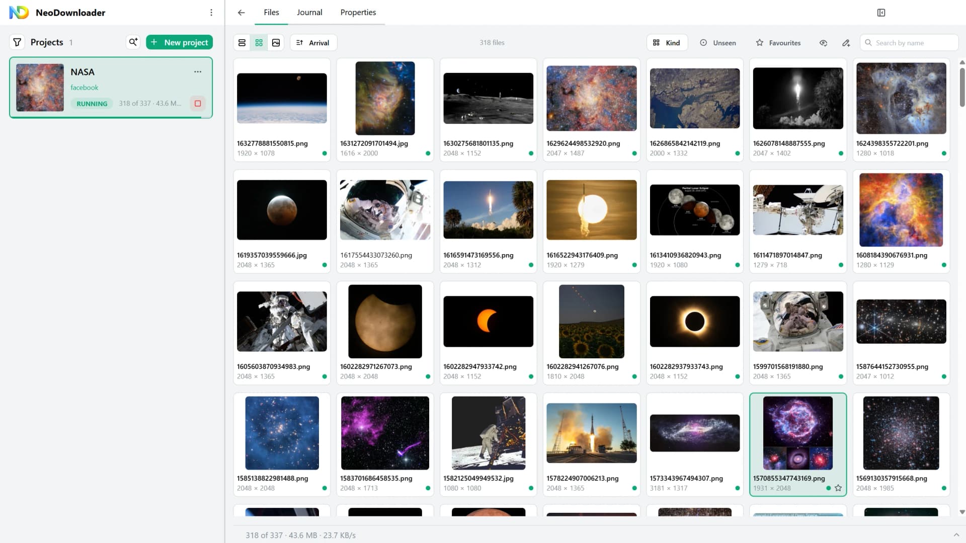 NeoDownloader after downloading NASA's photos from Facebook