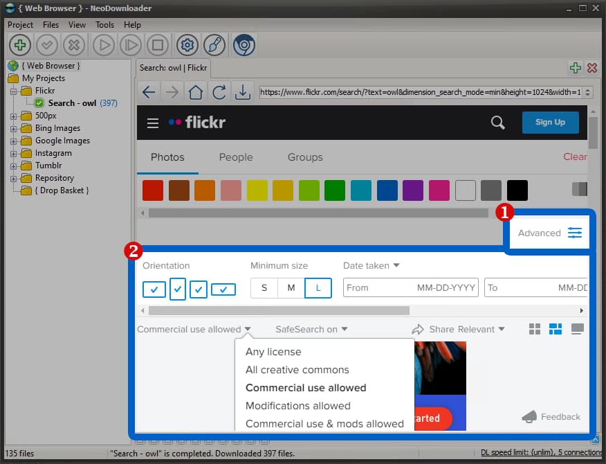 Flickr search results with filters applied