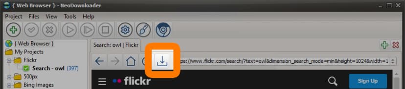 Download button highlighted in NeoDownloader toolbar