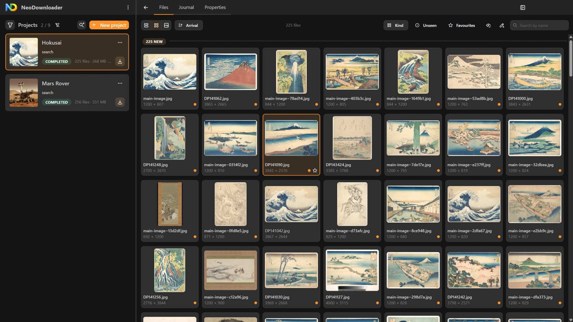 NeoDownloader after downloading an image search for Hokusai prints