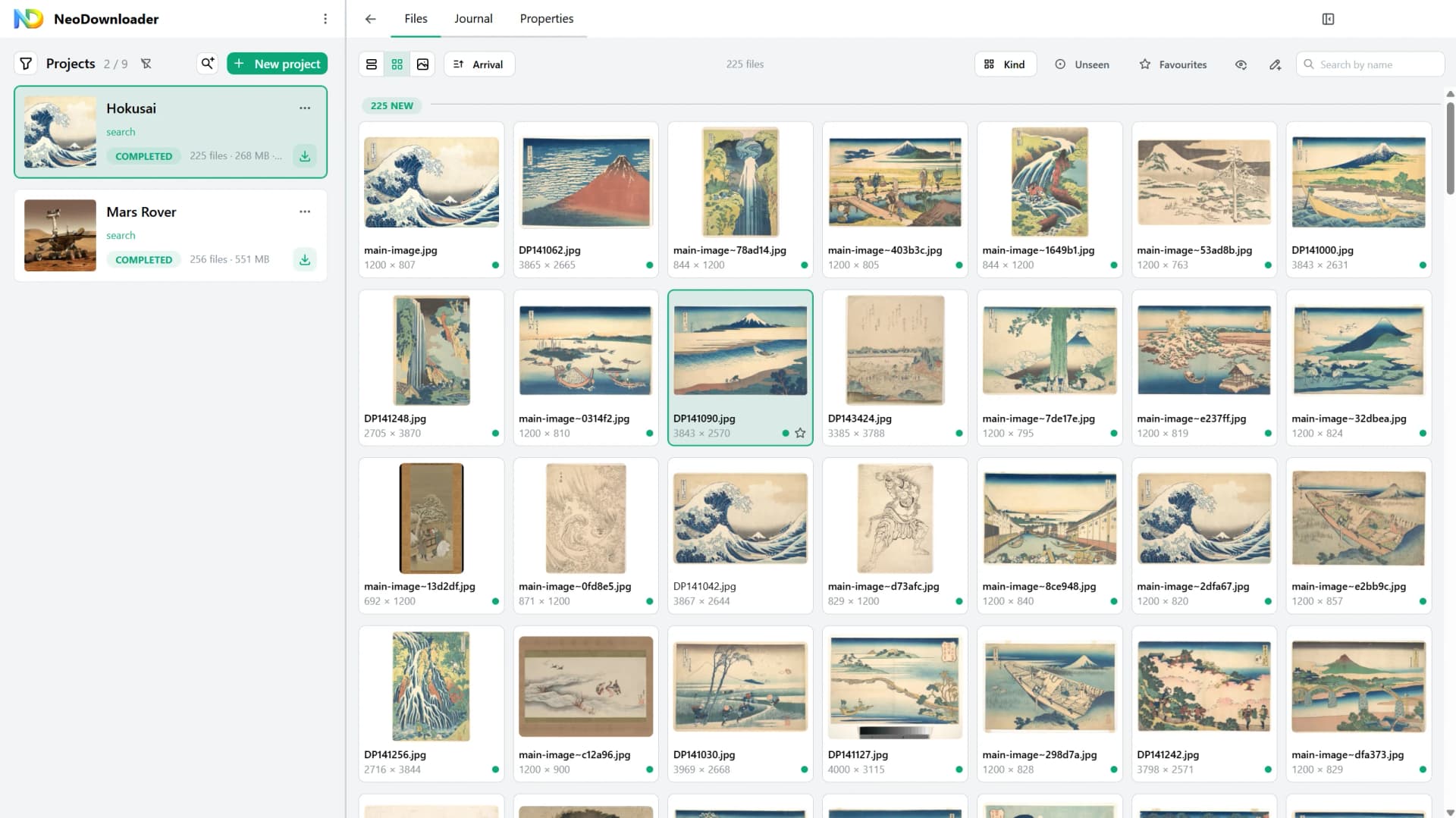 NeoDownloader after downloading an image search for Hokusai prints