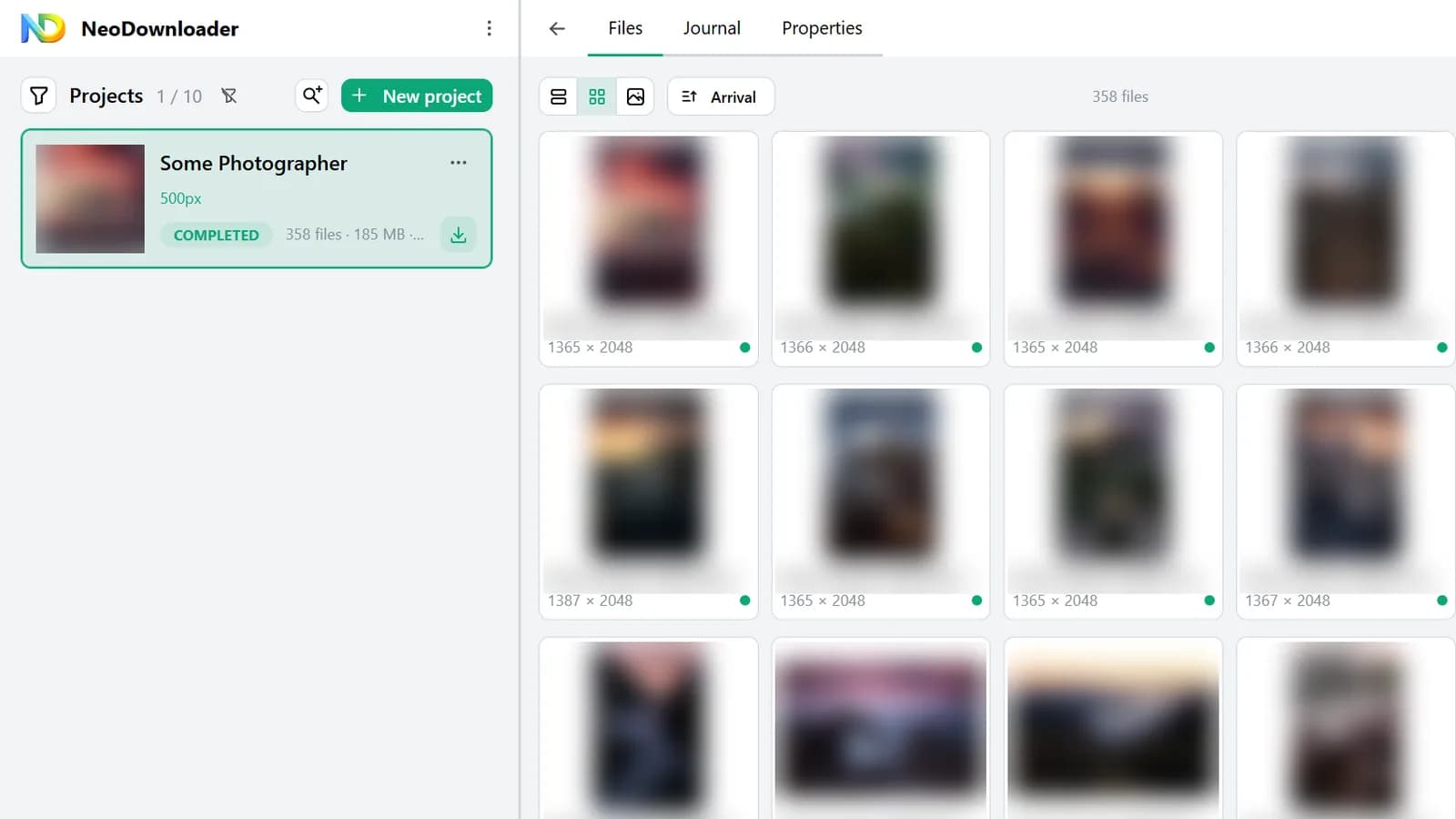 NeoDownloader after downloading a photographer's portfolio from 500px