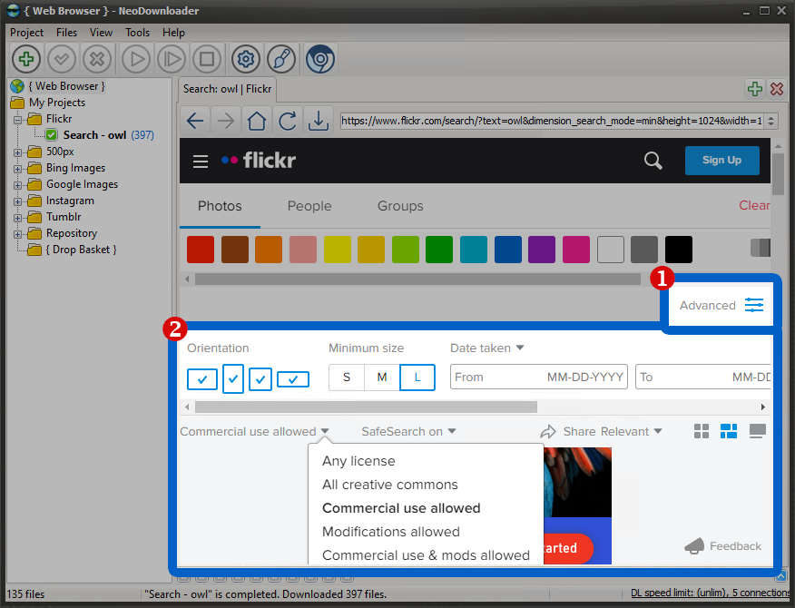 Download from Flickr - adjust search filters